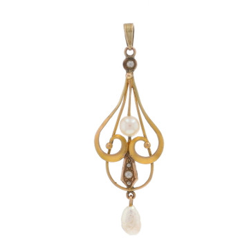 Yelllow Gold Pearl Art Deco Lavaliere Pendant - 10k Teardrop Scroll Vintage Yelllow Gold Pearl Art Deco Lavaliere Pendant - 10k Teardrop Scroll Vintage