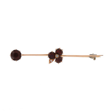 Yellow Gold Garnet & Seed Pearl Edwardian Three-Leaf Clover Brooch - 14k Round Yellow Gold Garnet & Seed Pearl Edwardian Three-Leaf Clover Brooch - 14k Round