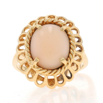 Yellow Gold Angel Skin Coral Cocktail Solitaire Ring 14k Oval Cab Floral Scallop Yellow Gold Angel Skin Coral Cocktail Solitaire Ring 14k Oval Cab Floral Scallop