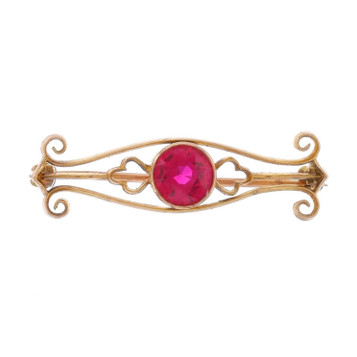 Yellow Gold Lab-Created Ruby Edwardian Solitaire Brooch - 10k Antique Scroll Pin Yellow Gold Lab-Created Ruby Edwardian Solitaire Brooch - 10k Antique Scroll Pin