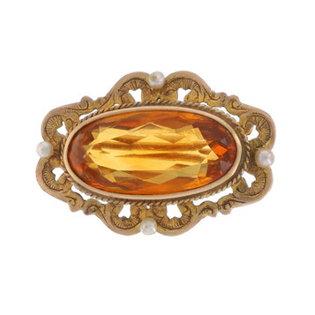 Yellow Gold Citrine Pearl Edwardian Brooch - 14k Oval 6.87ct Scroll Antique Pin Yellow Gold Citrine Pearl Edwardian Brooch - 14k Oval 6.87ct Scroll Antique Pin