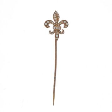 Riker Brothers Pearl Art Deco Fleur-de-lis Stickpin Yellow Gold 14k Vintage Riker Brothers Pearl Art Deco Fleur-de-lis Stickpin Yellow Gold 14k Vintage