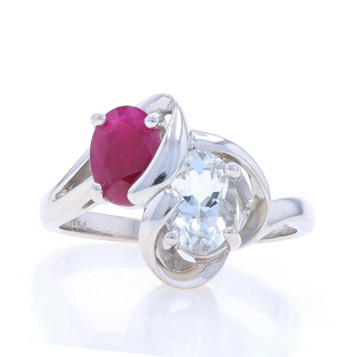 White Gold Goshenite & Ruby Two-Stone Bypass Ring - 14k Oval 1.22ctw Ribbon White Gold Goshenite & Ruby Two-Stone Bypass Ring - 14k Oval 1.22ctw Ribbon