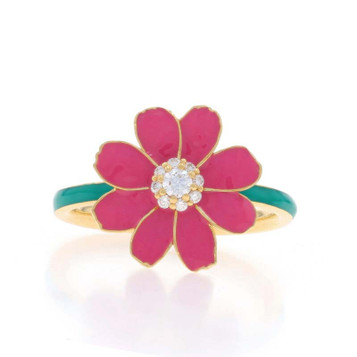 Yellow Gold Diamond & Enamel Flower Ring - 18k Round .12ctw Blossom Cluster Sz 7 Yellow Gold Diamond & Enamel Flower Ring - 18k Round .12ctw Blossom Cluster Sz 7