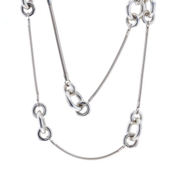 Sterling Silver Circle Link Station Necklace 31" - 925 Flat Snake Chain Sterling Silver Circle Link Station Necklace 31" - 925 Flat Snake Chain