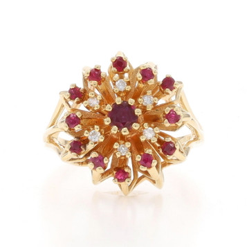 Yellow Gold Ruby Diamond Cluster Cocktail Halo Ring - 14k Round .93ctw Flower Yellow Gold Ruby Diamond Cluster Cocktail Halo Ring - 14k Round .93ctw Flower