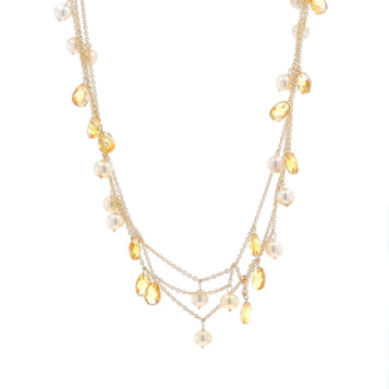 Yellow Gold Citrine & Pearl Three-Strand Dangle Necklace 17" - 14k Briolette Yellow Gold Citrine & Pearl Three-Strand Dangle Necklace 17" - 14k Briolette