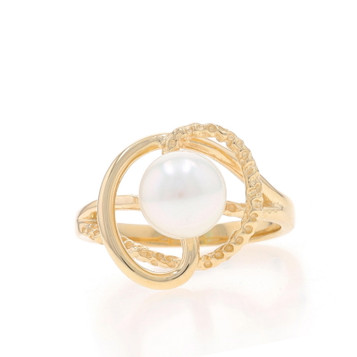 Yellow Gold Cultured Pearl Solitaire Bypass Ring - 14k Intertwined Loops Yellow Gold Cultured Pearl Solitaire Bypass Ring - 14k Intertwined Loops