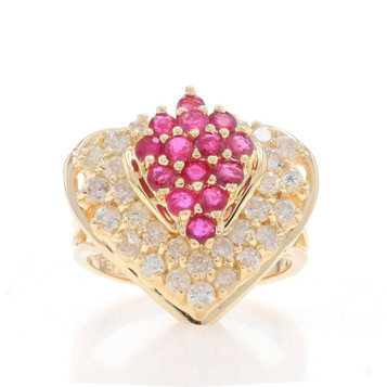Yellow Gold Ruby Diamond Cluster Cocktail Ring - 14k Round 2.04ctw Heart Leaf Yellow Gold Ruby Diamond Cluster Cocktail Ring - 14k Round 2.04ctw Heart Leaf