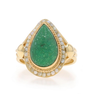 Yellow Gold Turquoise & Seed Pearl Vintage Halo Ring - 14k Pear Cabochon Rope Yellow Gold Turquoise & Seed Pearl Vintage Halo Ring - 14k Pear Cabochon Rope