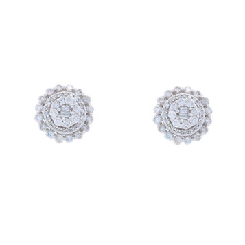 White Gold Diamond Cluster Halo Stud Earrings -10k Round Baguette 1.00ctw Floral White Gold Diamond Cluster Halo Stud Earrings -10k Round Baguette 1.00ctw Floral