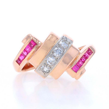 Rose Gold Diamond Lab-Created Ruby Retro Bypass Ring - 14k .40ctw Vintage Scroll Rose Gold Diamond Lab-Created Ruby Retro Bypass Ring - 14k .40ctw Vintage Scroll