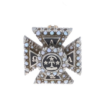 White Gold Alpha Tau Omega Badge - 18k Seed Pearl Enamel ATO Fraternity Pin White Gold Alpha Tau Omega Badge - 18k Seed Pearl Enamel ATO Fraternity Pin