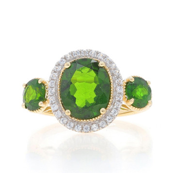 Yellow Gold Chrome Diopside White Topaz Three-Stone Halo Ring - 10k Oval 3.24ctw Yellow Gold Chrome Diopside White Topaz Three-Stone Halo Ring - 10k Oval 3.24ctw