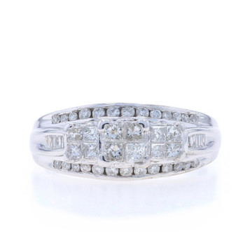 White Gold Diamond Cluster Engagement Ring - 14k Princess Round Baguette 1.00ctw White Gold Diamond Cluster Engagement Ring - 14k Princess Round Baguette 1.00ctw