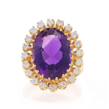 Yellow Gold Amethyst & Diamond Vintage Halo Ring - 14k Mixed Oval 7.95ctw Yellow Gold Amethyst & Diamond Vintage Halo Ring - 14k Mixed Oval 7.95ctw