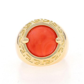 Yellow Gold Coral Cocktail Solitaire Ring - 18k Greek Key Yellow Gold Coral Cocktail Solitaire Ring - 18k Greek Key