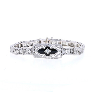 White Gold Onyx & Diamond Art Deco Link Bracelet 6 1/2" - 14k Vintage Filigree White Gold Onyx & Diamond Art Deco Link Bracelet 6 1/2" - 14k Vintage Filigree