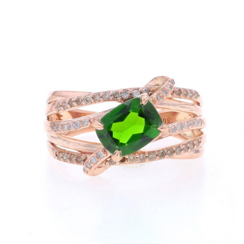 Rose Gold Chrome Diopside Diamond Crossover Ring - 10k Cushion 1.62ctw Rose Gold Chrome Diopside Diamond Crossover Ring - 10k Cushion 1.62ctw
