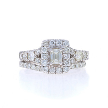 White Gold Diamond Halo Engagement Ring & Wedding Band 14k Emerald & Rnd 2.00ctw White Gold Diamond Halo Engagement Ring & Wedding Band 14k Emerald & Rnd 2.00ctw