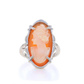 White Gold Shell Cocktail Solitaire Ring - 14k Carved Cameo Silhouette White Gold Shell Cocktail Solitaire Ring - 14k Carved Cameo Silhouette