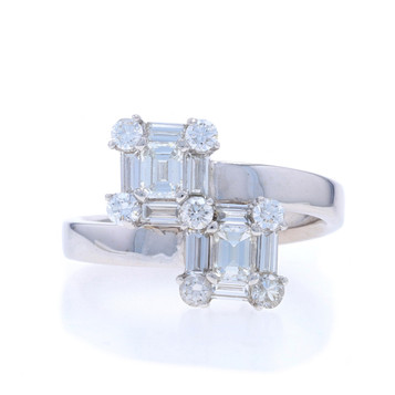 White Gold Diamond Halo Bypass Ring - 18k Emerald Baguette Rd 1.40ctw Two-Stone White Gold Diamond Halo Bypass Ring - 18k Emerald Baguette Rd 1.40ctw Two-Stone