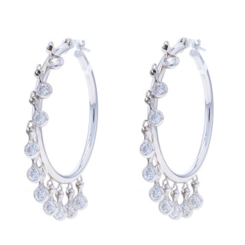 White Gold Cubic Zirconia Dangle Hoop Earrings - 14k Round 1.20ctw Pierced White Gold Cubic Zirconia Dangle Hoop Earrings - 14k Round 1.20ctw Pierced