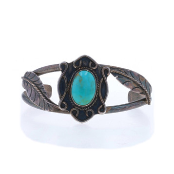 Native American Turquoise Feather Leaf Cuff Bracelet 7 1/2" - Sterling 925 Rope Native American Turquoise Feather Leaf Cuff Bracelet 7 1/2" - Sterling 925 Rope