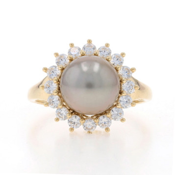 Yellow Gold Cultured Tahitian Pearl & Cubic Zirconia Halo Ring 14k .72ctw Floral Yellow Gold Cultured Tahitian Pearl & Cubic Zirconia Halo Ring 14k .72ctw Floral