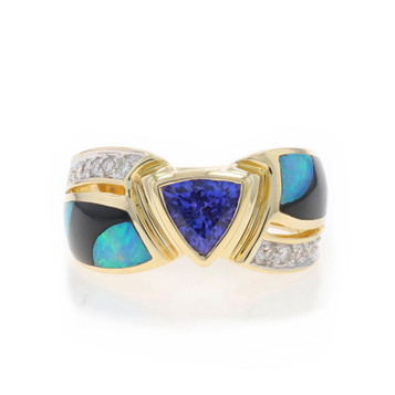 Yellow Gold Tanzanite, Opal, & Onyx Ring - 14k Trillion 1.24ctw Yellow Gold Tanzanite, Opal, & Onyx Ring - 14k Trillion 1.24ctw