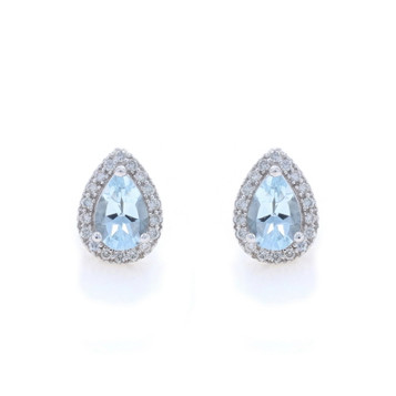White Gold Aquamarine Diamond Halo Stud Earrings - 14k Pear .82ctw Pierced White Gold Aquamarine Diamond Halo Stud Earrings - 14k Pear .82ctw Pierced