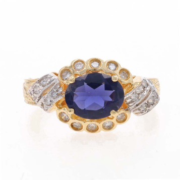Yellow Gold Iolite Diamond Ring - 14k Oval 1.35ctw Milgrain Yellow Gold Iolite Diamond Ring - 14k Oval 1.35ctw Milgrain
