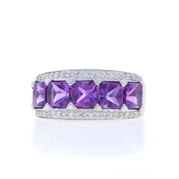 White Gold Amethyst Diamond Five-Stone Band - 14k Buff Top Square 3.24ctw Ring White Gold Amethyst Diamond Five-Stone Band - 14k Buff Top Square 3.24ctw Ring