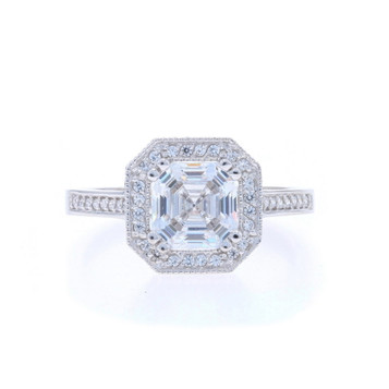 White Gold Cubic Zirconia Halo Ring - 14k Asscher 3.55ctw Milgrain Engagement White Gold Cubic Zirconia Halo Ring - 14k Asscher 3.55ctw Milgrain Engagement