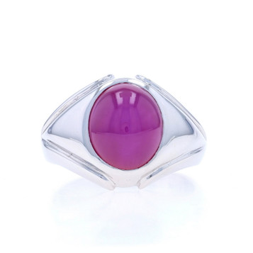 White Gold Lab-Created Star Ruby Men's Ring - 14k 6.49ct Oval Cabochon Solitaire White Gold Lab-Created Star Ruby Men's Ring - 14k 6.49ct Oval Cabochon Solitaire