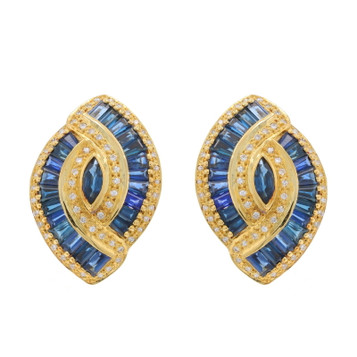 Yellow Gold Sapphire Diamond Lg Stud Earrings -18k Marq 3.70ctw Pierce & Clip-On Yellow Gold Sapphire Diamond Lg Stud Earrings -18k Marq 3.70ctw Pierce & Clip-On