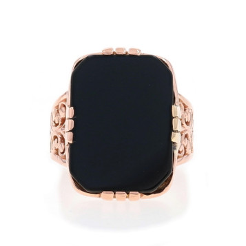 Rose Gold Onyx Victorian Cocktail Solitaire Ring - 10k Scrollwork Antique Rose Gold Onyx Victorian Cocktail Solitaire Ring - 10k Scrollwork Antique