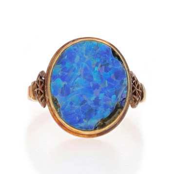 Yellow Gold Opal Edwardian Cocktail Solitaire Ring - 14k Oval Antique Milgrain Yellow Gold Opal Edwardian Cocktail Solitaire Ring - 14k Oval Antique Milgrain