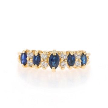 Yellow Gold Sapphire Diamond Ring - 14k Marquise .95ctw Tiered Five-Stone Yellow Gold Sapphire Diamond Ring - 14k Marquise .95ctw Tiered Five-Stone