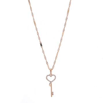 Rose Gold Diamond Heart Skeleton Key Necklace 18" - 10k Single & Baguette Love Rose Gold Diamond Heart Skeleton Key Necklace 18" - 10k Single & Baguette Love
