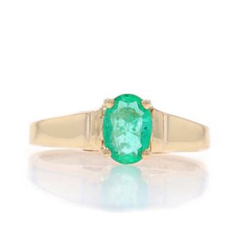 Yellow Gold Emerald Solitaire Ring - 10k Oval .85ct Cathedral Yellow Gold Emerald Solitaire Ring - 10k Oval .85ct Cathedral