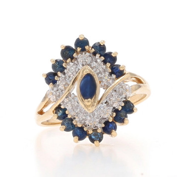 Yellow Gold Sapphire Diamond Cluster Cocktail Bypass Ring - 14k Marquise 1.08ctw Yellow Gold Sapphire Diamond Cluster Cocktail Bypass Ring - 14k Marquise 1.08ctw