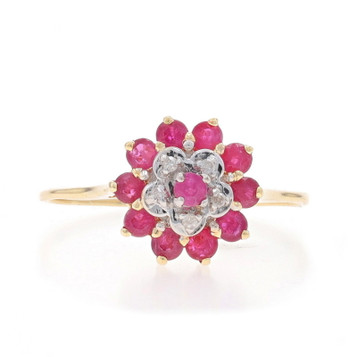 Yellow Gold Ruby Diamond Cluster Cocktail Halo Ring - 14k Round 1.15ctw Floral Yellow Gold Ruby Diamond Cluster Cocktail Halo Ring - 14k Round 1.15ctw Floral