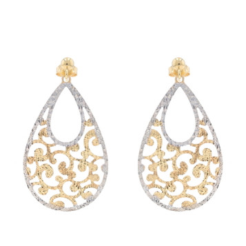 Yellow Gold Scrollwork Teardrop Dangle Earrings - 14k Textured Pierced Yellow Gold Scrollwork Teardrop Dangle Earrings - 14k Textured Pierced