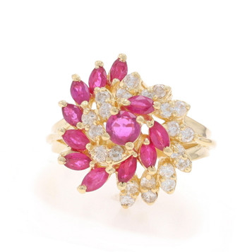 Yellow Gold Ruby Diamond Cluster Cocktail Ring - 14k Marquise & Rnd 1.4ctw Swirl Yellow Gold Ruby Diamond Cluster Cocktail Ring - 14k Marquise & Rnd 1.4ctw Swirl