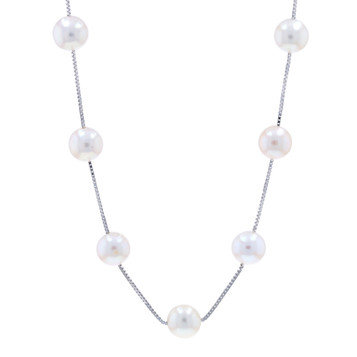 White Gold Cultured Pearl Station Necklace 17" - 14k Box Chain Italy White Gold Cultured Pearl Station Necklace 17" - 14k Box Chain Italy