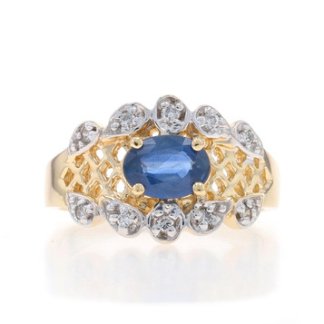 Yellow Gold Sapphire & Diamond Ring - 14k Oval .80ctw Scallop Latticework