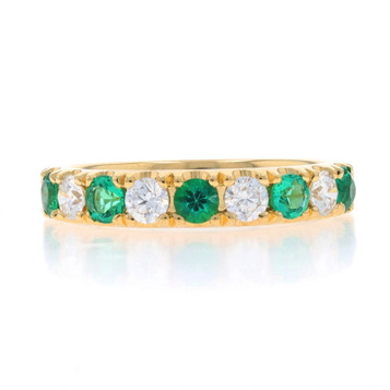 Yellow Gold Emerald Diamond Band - 18k Round .89ctw French Set Ring Yellow Gold Emerald Diamond Band - 18k Round .89ctw French Set Ring