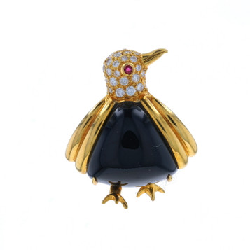 Hammerman Bros Onyx Dia Ruby Vintage Penguin Brooch Yellow Gold 18k.54ctw HenPin Hammerman Bros Onyx Dia Ruby Vintage Penguin Brooch Yellow Gold 18k.54ctw HenPin