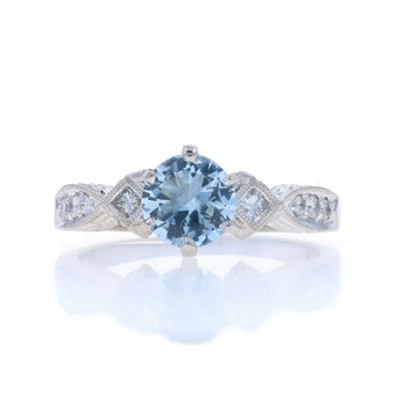 Platinum Aquamarine Diamond Ring - Round 1.43ctw Etched Milgrain Platinum Aquamarine Diamond Ring - Round 1.43ctw Etched Milgrain